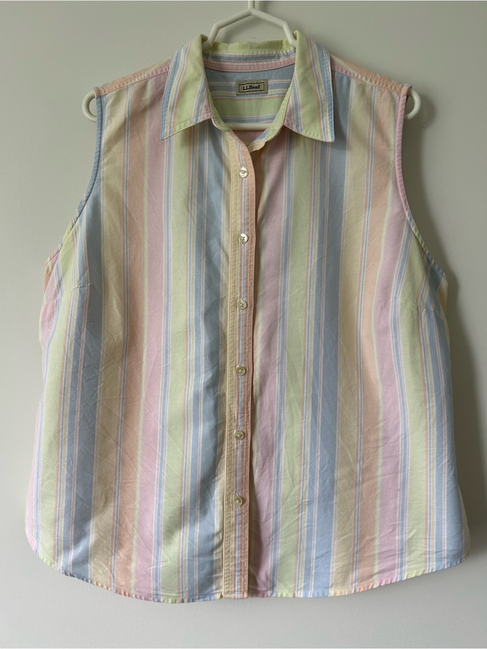 LL Bean Sleeveless Button Up Shirt Pastel Rainbow Striped Cotton Top